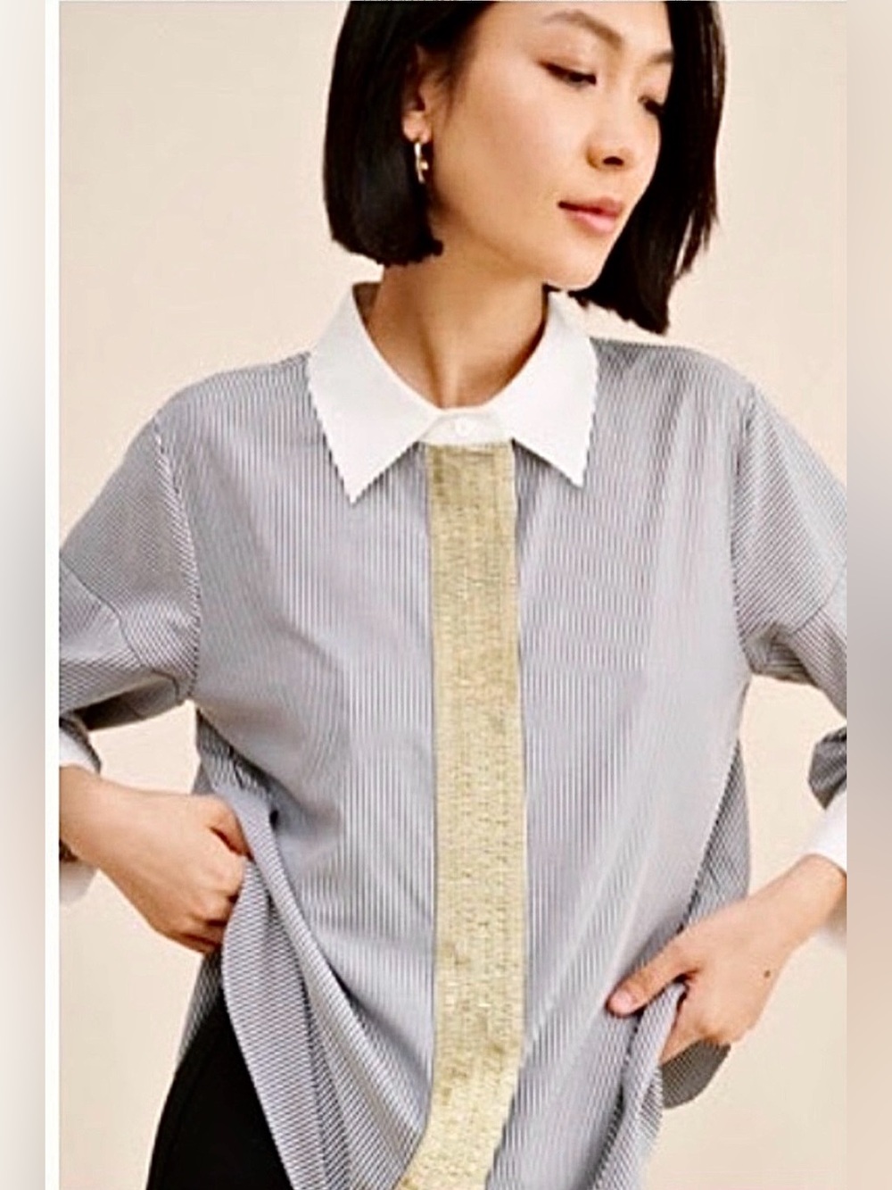 Mare Mare Black and White Striped Shirt with Gold Beaded Front Placket Size M